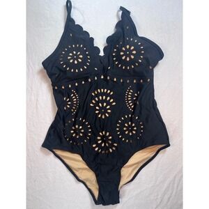 Upopby Womens Black Laser Cut Eyelet Scalloped One Piece Swimsuit Size L 2508